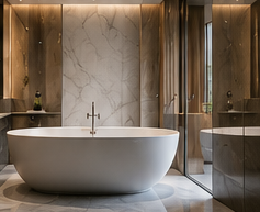 Bathroom with sourced stone and fixtures